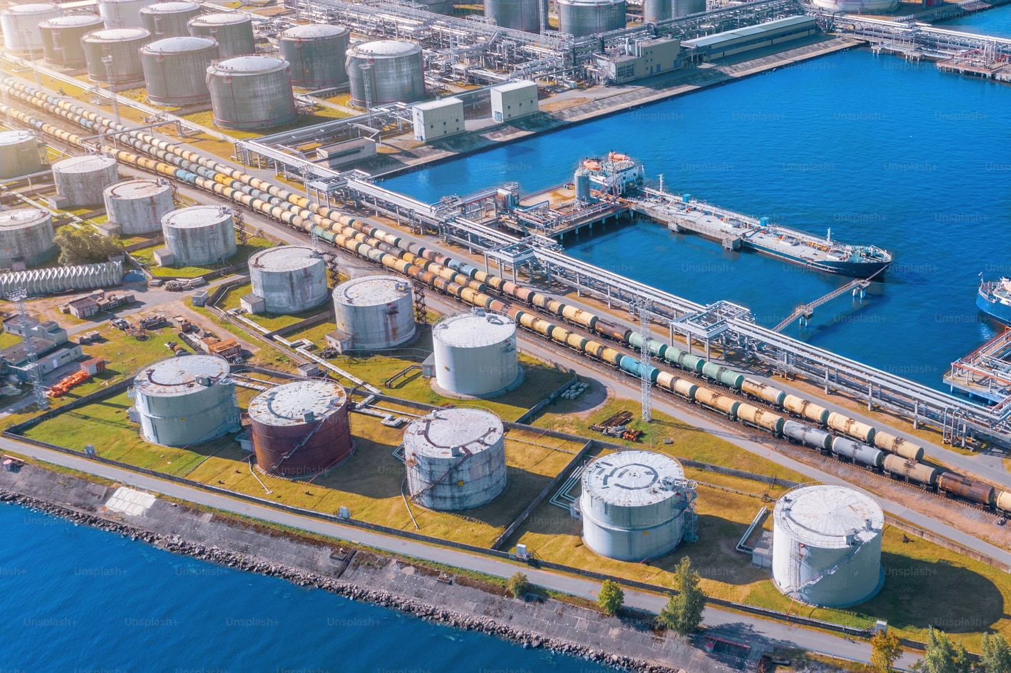 An aerial view of a waterside storage terminal
